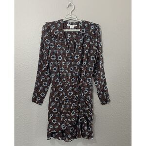 Veronica Beard Anjali Silk Floral Sheer Ruched Brown Long‎ Sleeve Dress Size 0
